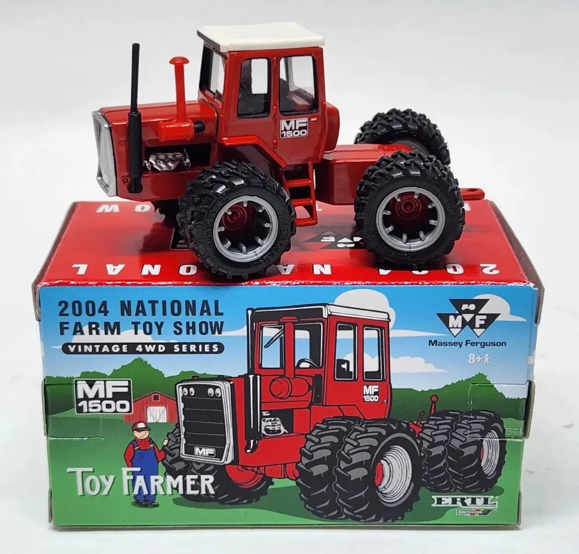 Ertl Massey Ferguson 1500 4WD w/Duals 1:64 die-cast replica on its box, 2004 National Farm Toy Show Vintage 4WD Series